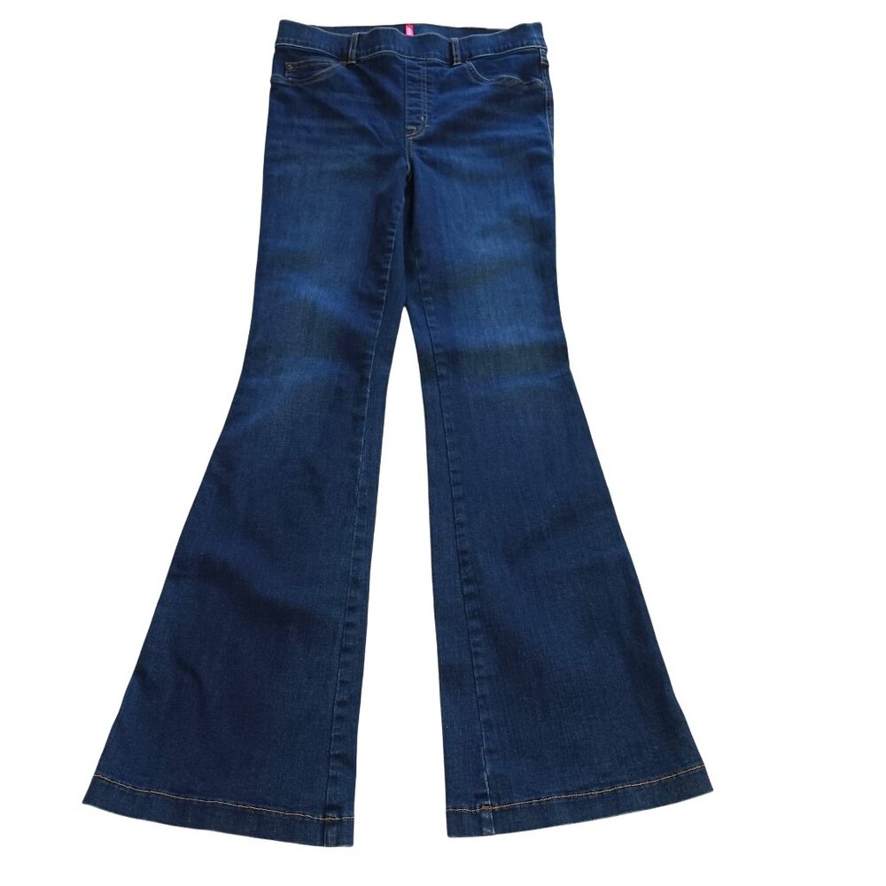 Spanx Flare Jeans Large Dark Wash Denim Stretch Slimming High Rise Shaping 70s - Picture 2 of 12